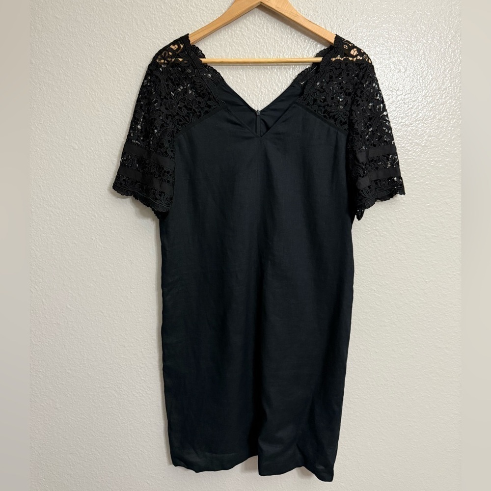 Escada 100% Linen Black Vneck Dress with Eyelet Sleeves